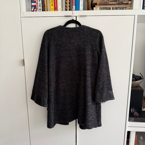 Zara Grey Cardigan Over Coat Black Faux Leather Trim Open Front Pockets S - Picture 3 of 3